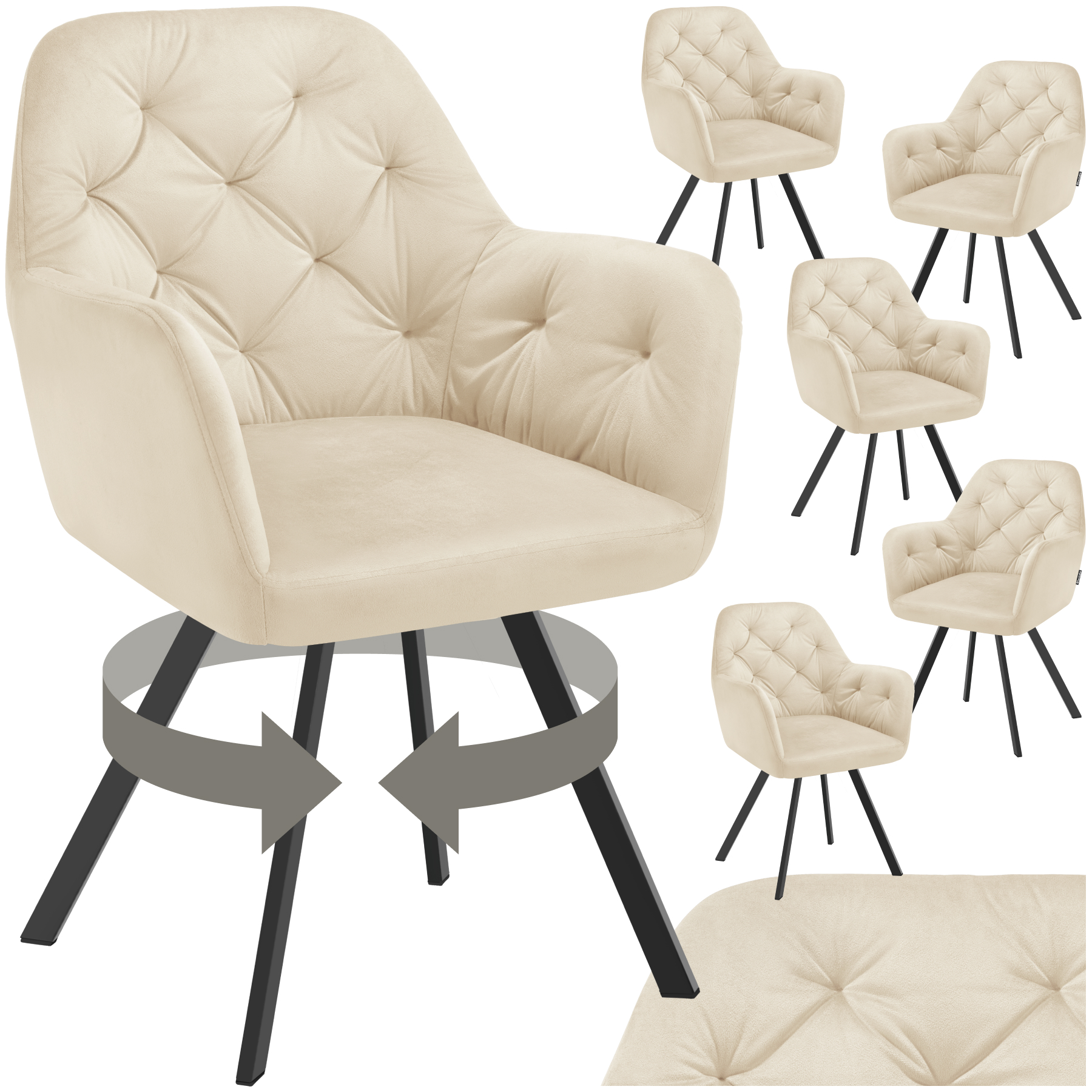 Drehbarer Samt-Armlehnstuhl Lucia, gepolstert - creme, 6er Set